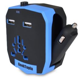 Geektopia Armour Universal Travel Power Adapter w/2x USB Ports, DC Car Adapter & Retractable Prongs (Black/Blue)