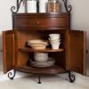 Corner Bakers Rack with Wrought Iron Frame and Wood Storage Shelves